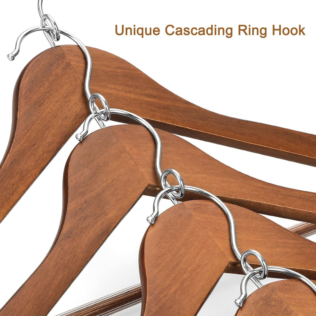 Wooden Hangers 30 Pack, Space Saving Coat Hanger with 360° Swivel Cascading Loop Hook, Non Slip Pants Bar and