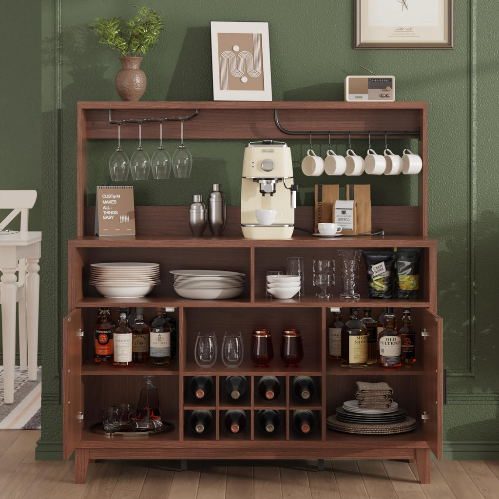 Fluted Buffet Cabinet with Storage, Modern Coffee Bar Cabinet, Walnut