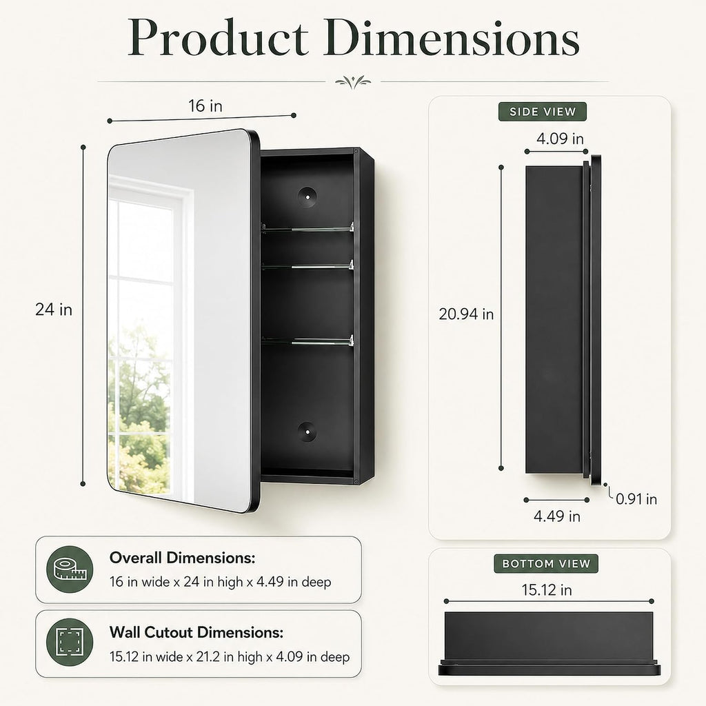 16x24 Black Medicine Cabinet with Mirror, Recessed & Surface Mount | Bathroom mirror with storage: 6 adjustable