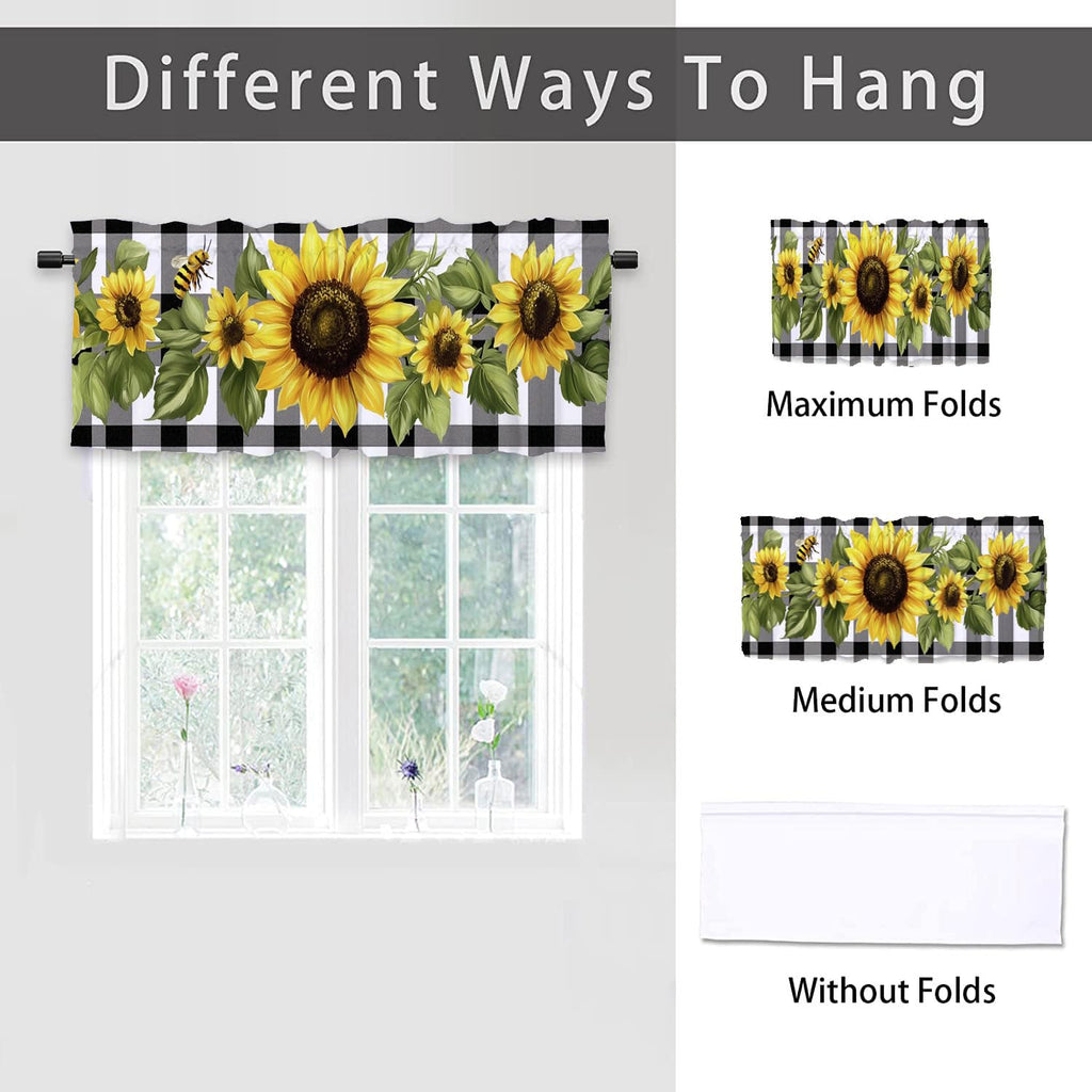 Sunflowers Valance Curtains 2 Pack Buffalo Plaid Spring Summer Valance Windows Bathroom Living Room Bedroom Window
