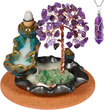 Ceramic Waterfall Incense Burner, Money Tree Backflow Holder Healing Crystal Stone, with 30 Cones + Stick for Yoga - Set of 63