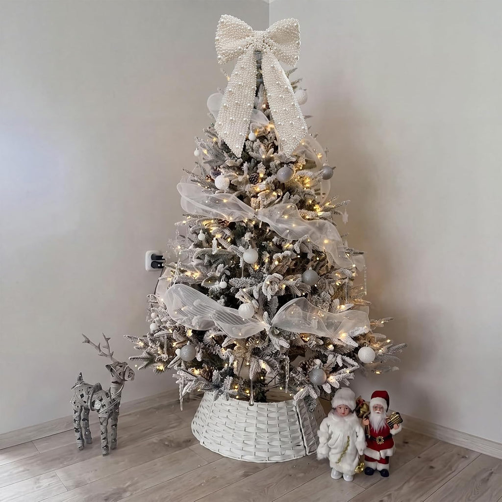 Pearl Bow Christmas Tree Topper Elegant White Xmas Decoration