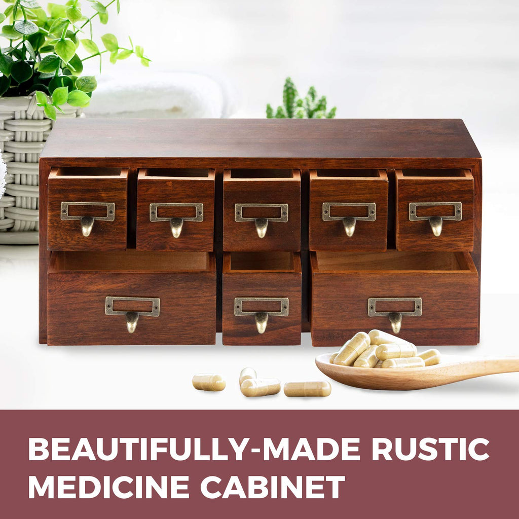 Under Display Monitor Traditional Medicine Cabinet - Desktop Wide & Small Cabinet w/ 8 Drawers - Tabletop Apothecary