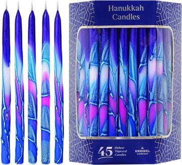 Dripless Hanukkah Candles Blue and Pink Multi Splash, Premium Tapered Hand Decorated 1-Hour Burn Time Deluxe - Set of 45