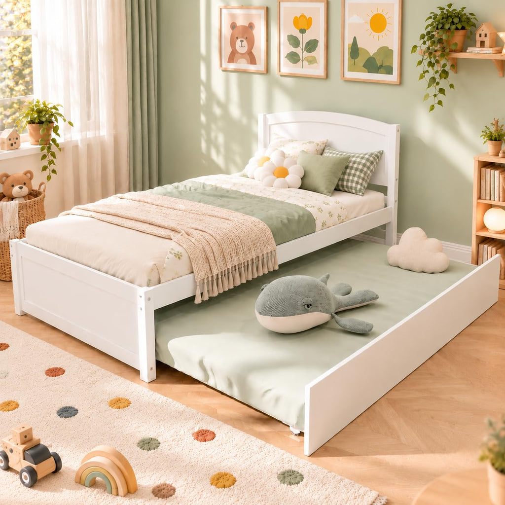 Twin Trundle Bed, Solid Wooden Pull Out Bedframe, Extendable Day Bed with Headboard and Soild Wood Slats Support