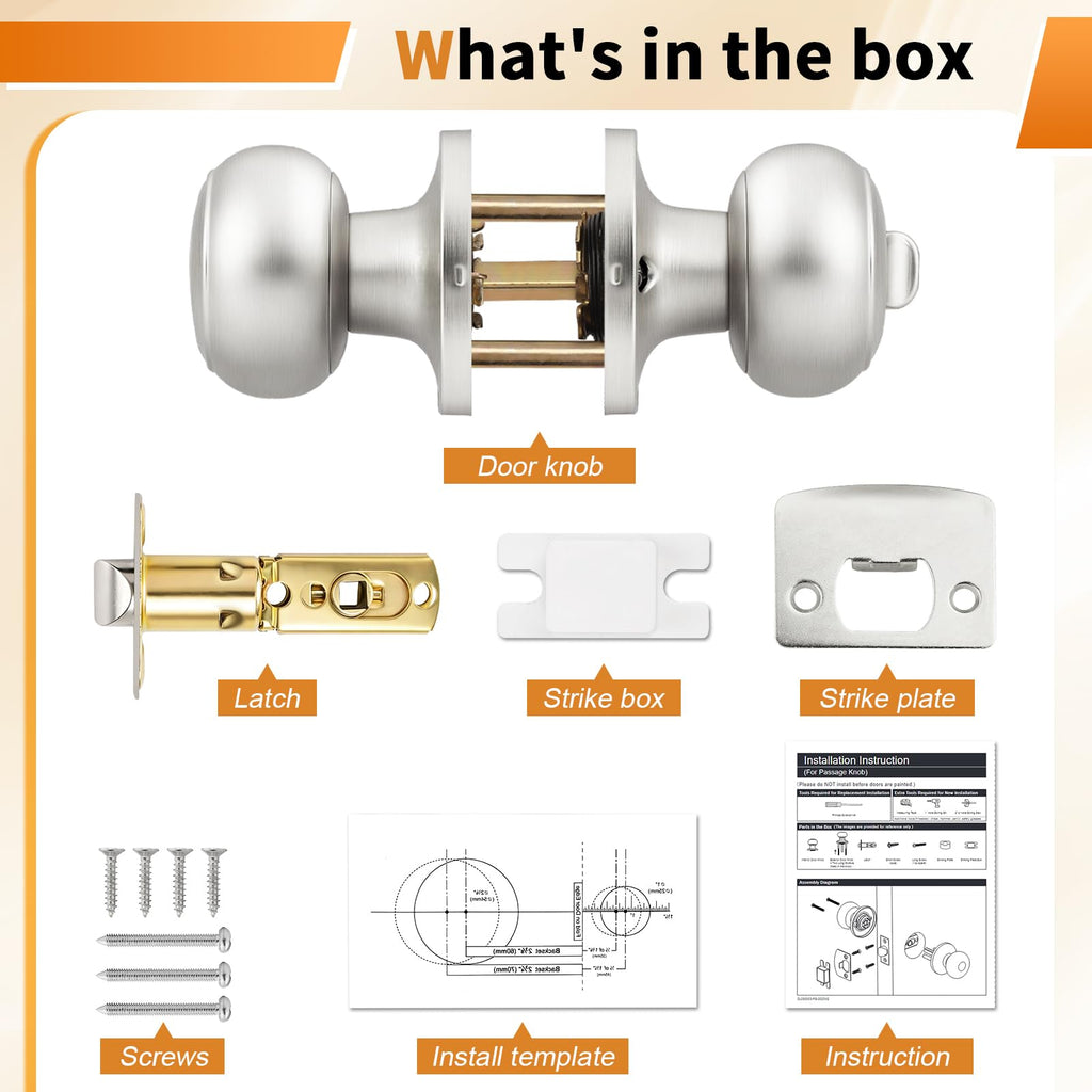 8 Pack Interior Door Knobs Passage Function, Brushed Nickel Finish Closet Door Handles Keyless Levers French Doors