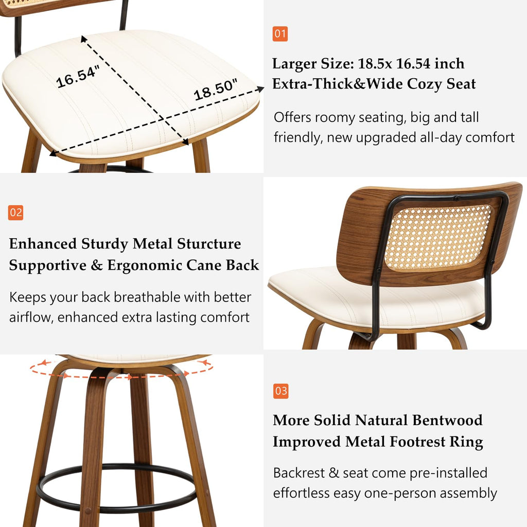 Mid Century Modern Bar Stools, Rattan Swivel Bar Stools with Curved Back