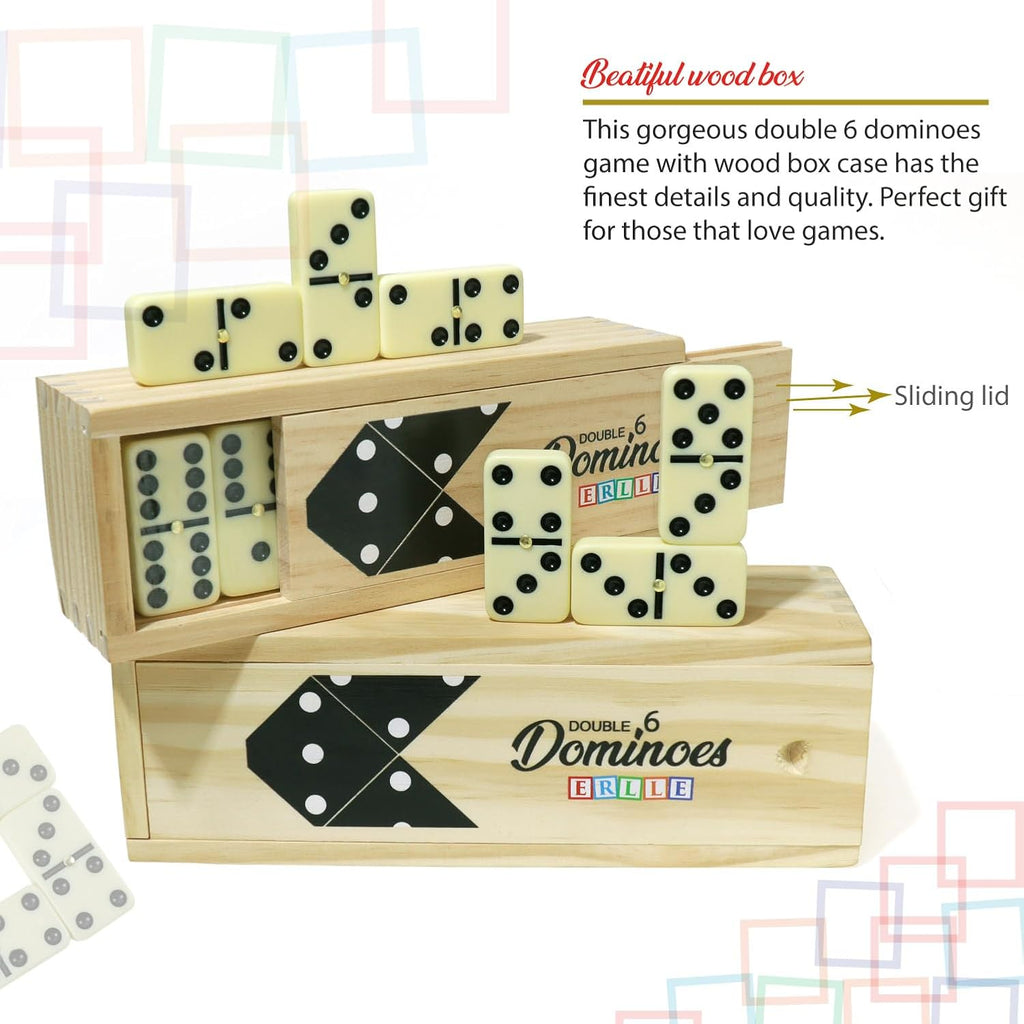 Dominoes Set, Premium Classic 28-Piece Double Six Domino Set with Wooden Case, Family & Kids Board Game, Mexican