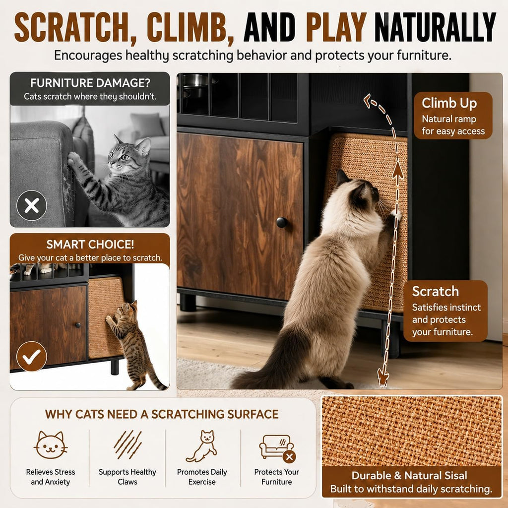 Dog Proof Cat Feeding Station with Storage Cabinet, 2 Raised Stainless Steel Bowls, Elevated Cat Feeding Station
