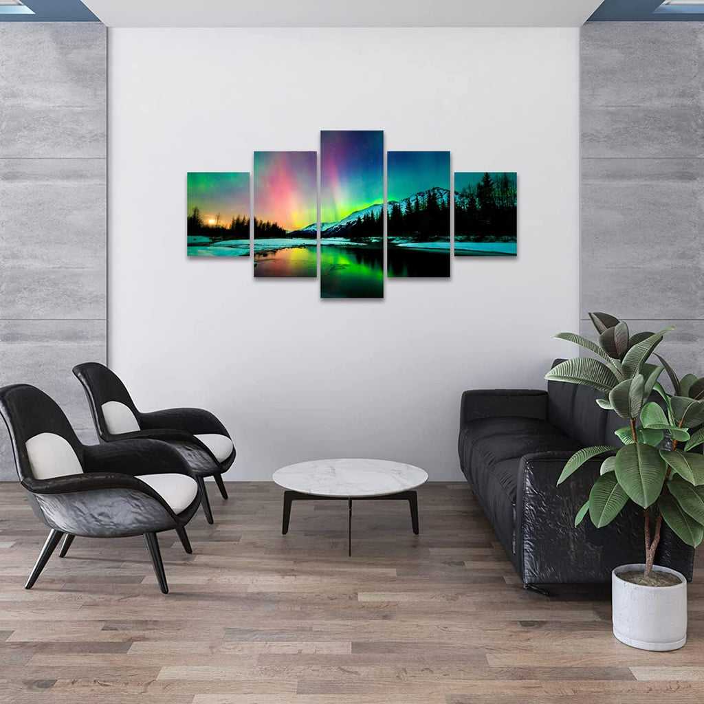 Northern Lights Wall Art Alaska Posters Canvas Landscape Artworks Mountains Picture Office Wall Decor (60Wx32H)
