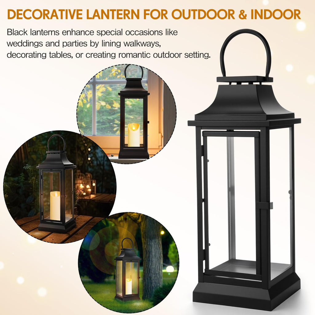 Farmhouse Large Lanterns for Outdoor 30 Inch Black Metal Lanterns with Glass Panels Hanging for Table Porch Vintage