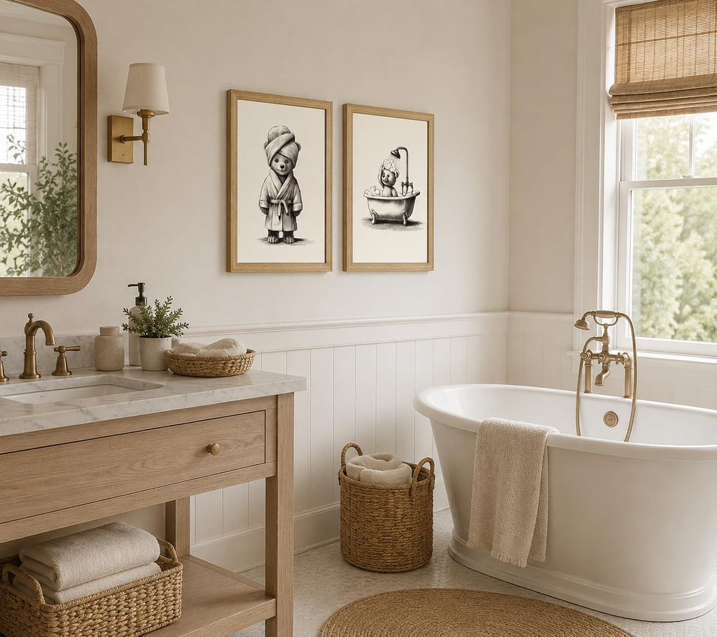 2Pc Framed Bathroom Wall Art Cute Bear Bath Canvas 16x24 Decor