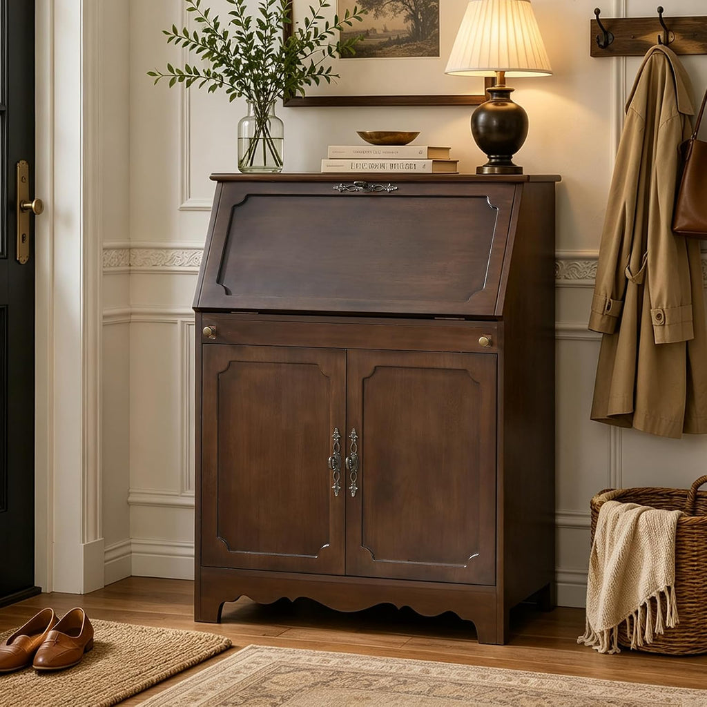 Vintage Storage Cabinet with Flip Down Desk, Wood Accent Cabinet with Adjustable Shelf and Hidden Workspace, Entryway
