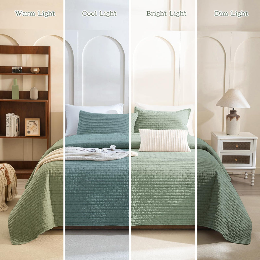Quilt 128"x120", Stone-Washed Cotton Olive Green Bedspread, Soft Lightweight Extra Large