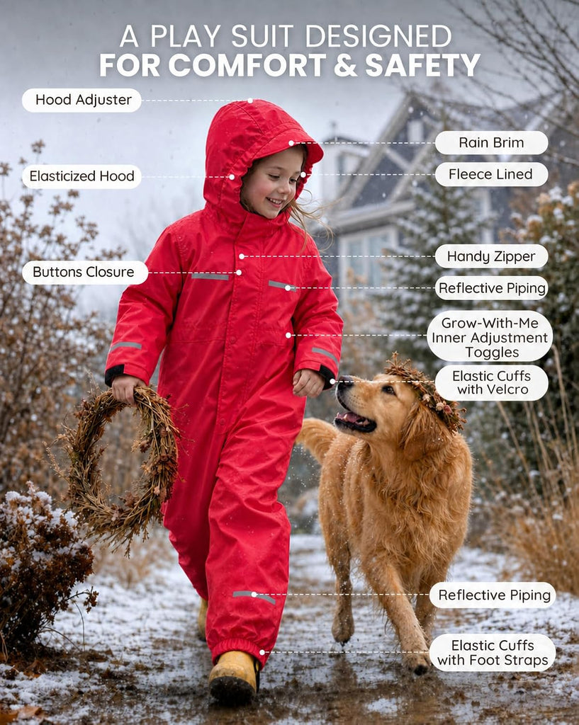 Kids Fleece Lined Rain Suit - One Piece Muddy Buddy for Toddler Boys Girls, Full Body Raincoat for Autumn