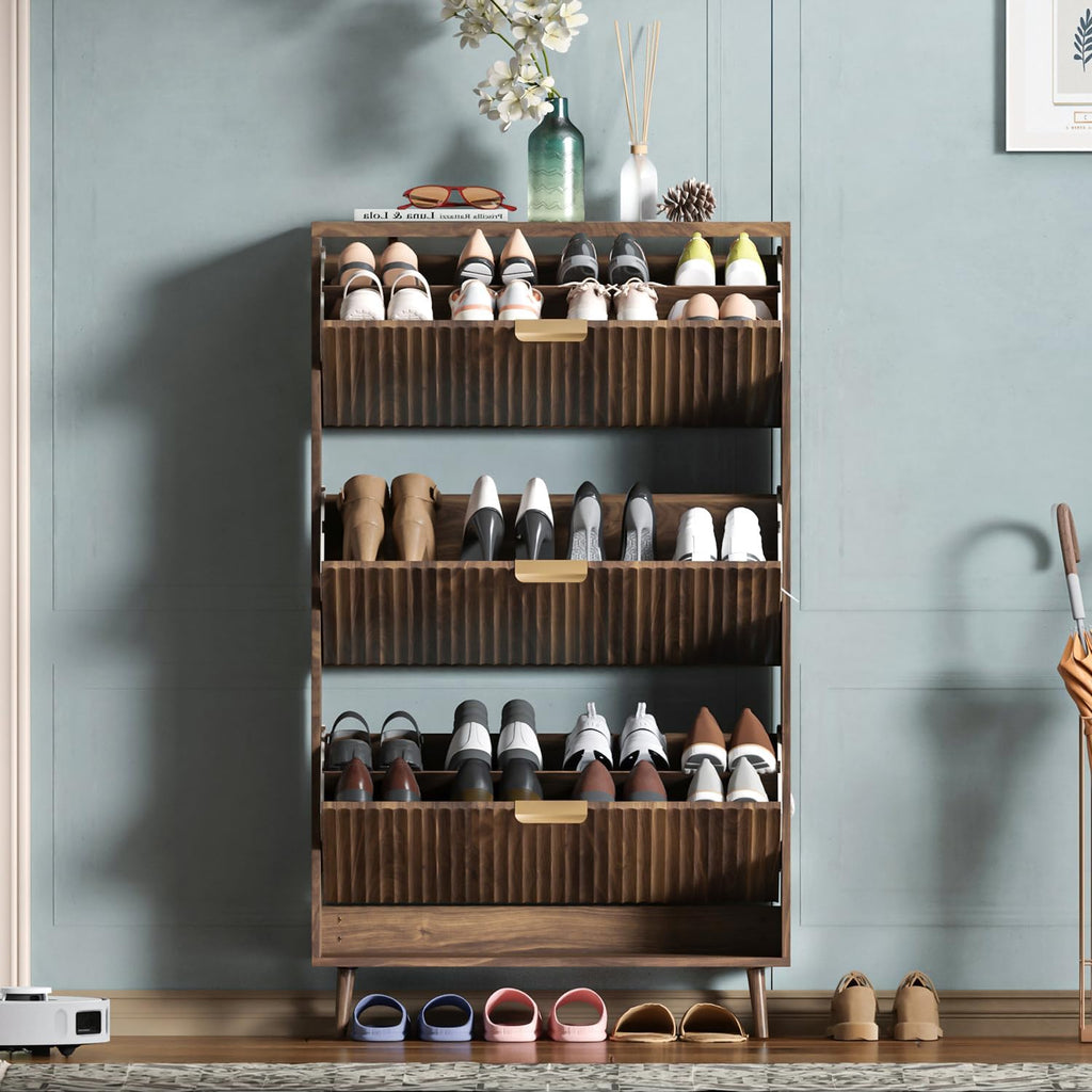 Shoe Cabinet Storage,Modern Freestanding Organizer with 3 Flip Drawers,Narrow Shoe Rack Cabinet ,Walnut