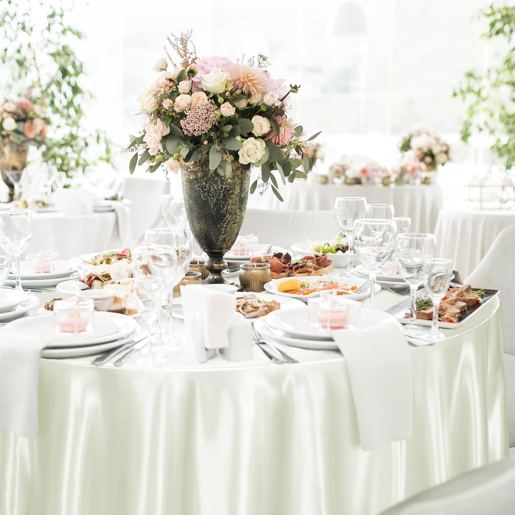 Round Satin Tablecloth, 120 Inch Ivory Overlay Table Cover