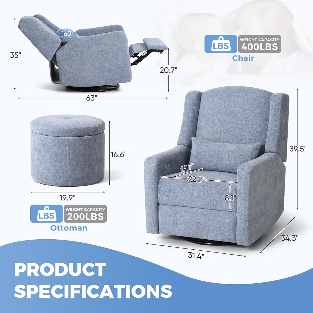 Power Nursery Rocking Chairs with Ottoman: 270° Swivel Rocker Recliner with Waist Pillow & USB Charging Port, Ultra