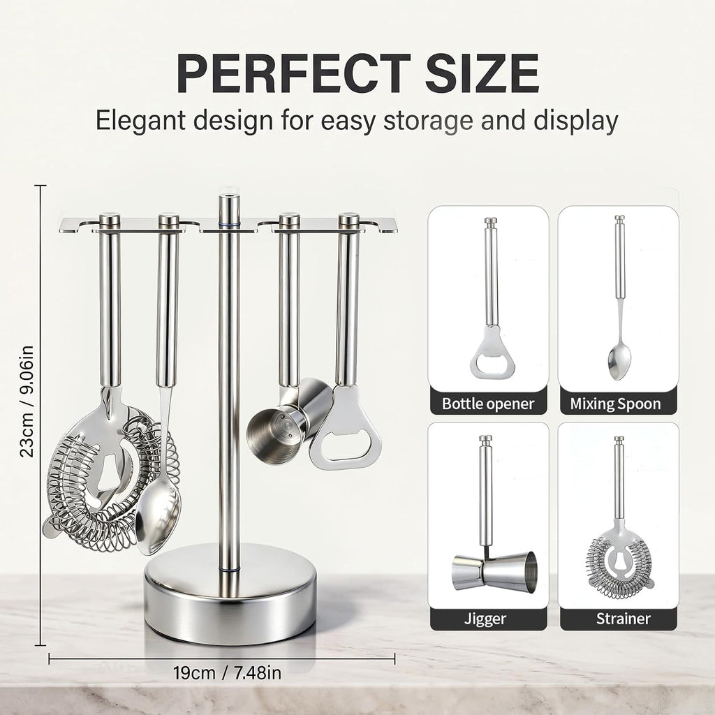 4 Piece Bar Accessories with Stand Stainless Steel Bartender Kit Bar Cart Accessories Include Jigger, Strainer
