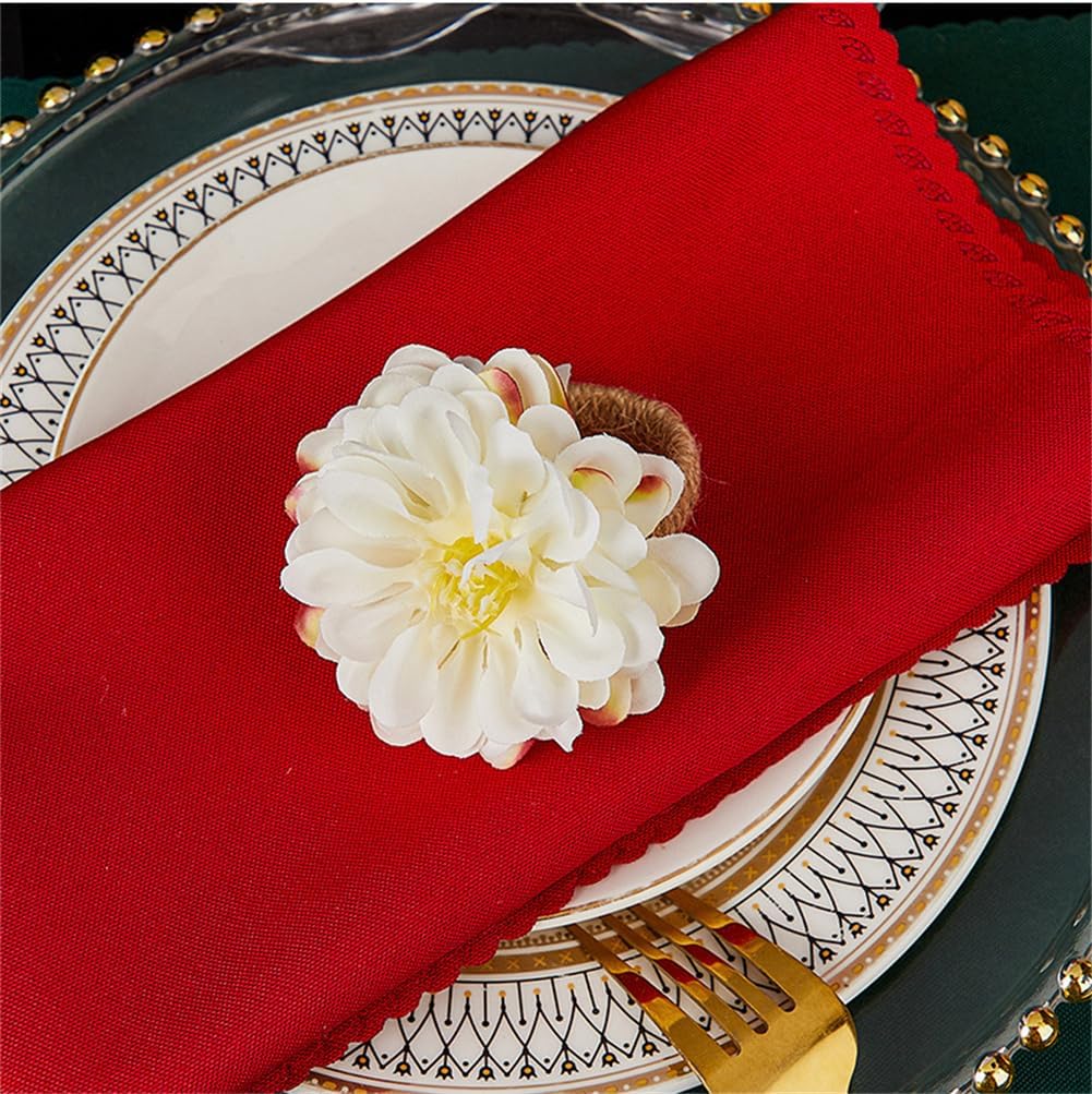 White Floral Napkin Rings,Rustic Rose Napkin Rings Flower Dinner Napkin Holder for Table Decoration - Set of 6