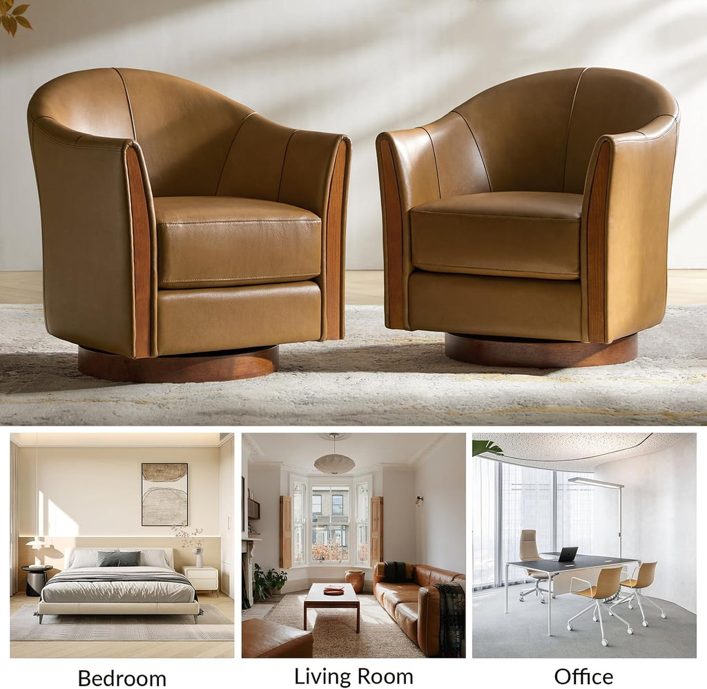 Genuine Leather Swivel Accent Chair with Wood Base, Camel