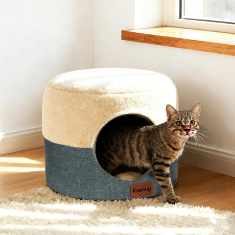 2-in-1 Cat Cave Bed & Lounger with Reversible Plush Cushion, Cat Bed for Indoor Cats, Foldable Anti-Slip Cat House