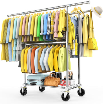 100% Stainless Steel Heavy Duty Clothes Rack Load 960LBS, Three Rods Clothing Racks for Hanging Clothes Extendable