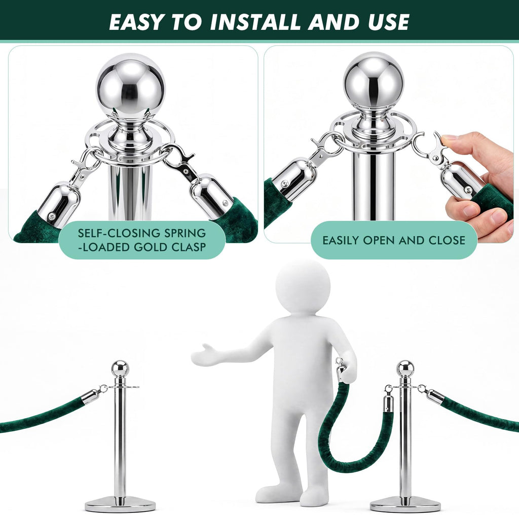 8 Pack 5 Feet Velvet Stanchion Rope Crowd Control, Dark Green