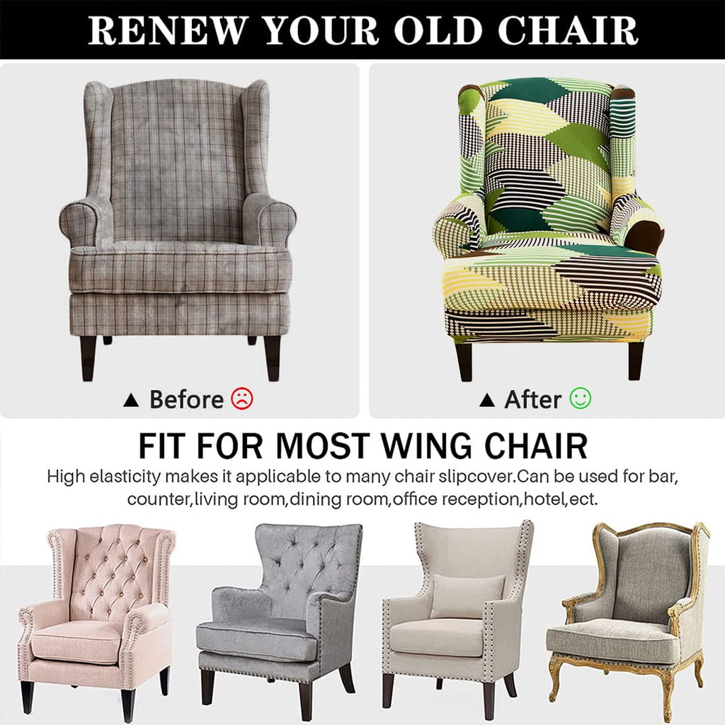 Wing Chair Slipcovers, 2 Piece Print Wingback Chair Cover Stretch Spandex Armchair Covers with Elastic Bottom Bedroom