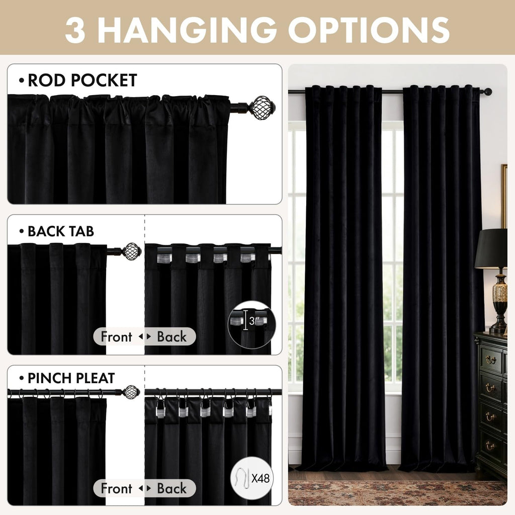 Black Velvet Curtains 4 Panels Set Back Tab 40 x 84 Inch Long