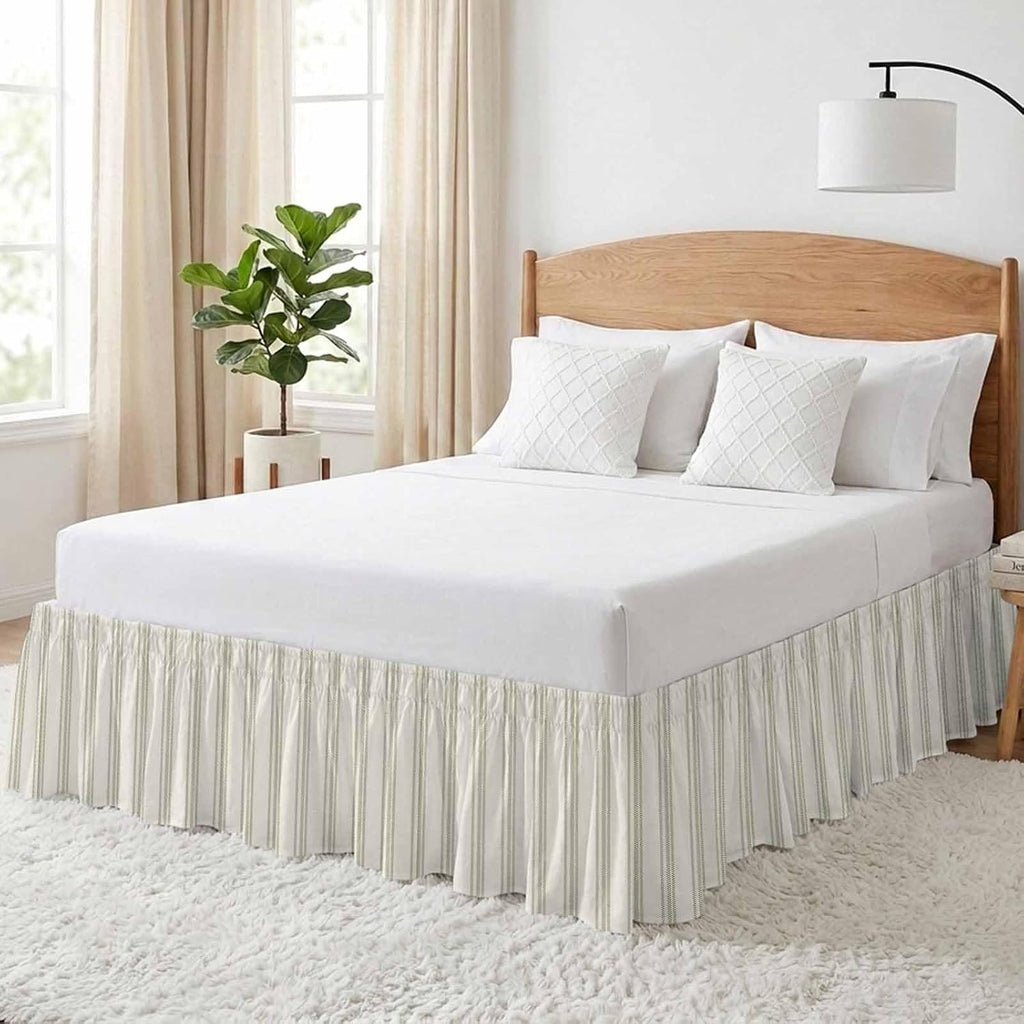 Wrap Around Bed Skirts for Queen Beds, Sage Green Stripe Geometric Beige Retro Farmhouse Decor Ruffle Bed Skirt with