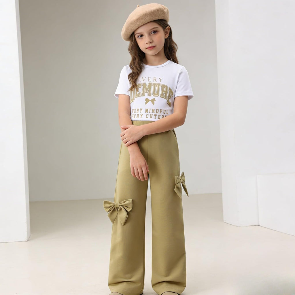 2 Pieces Outfits Graphic Letter Print Crop Top & Bow Wide-Leg Pants Girl Clothes Set