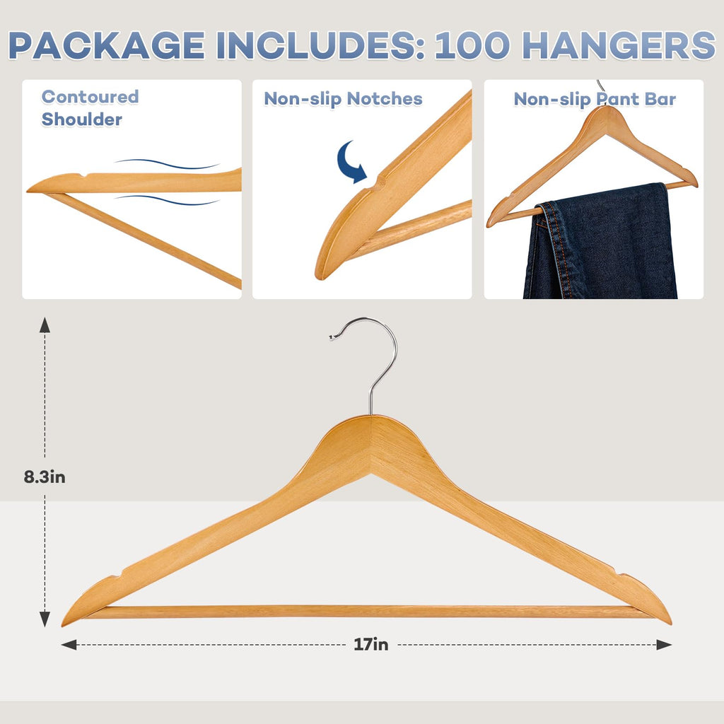 Wooden Hangers 100 Pack, Heavy Duty Wood Hangers for Coats, Suits