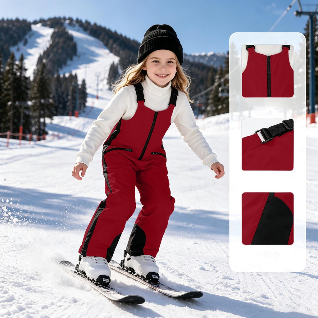Boys Girls Ski Bib Overalls Adjustable Snowpants Red