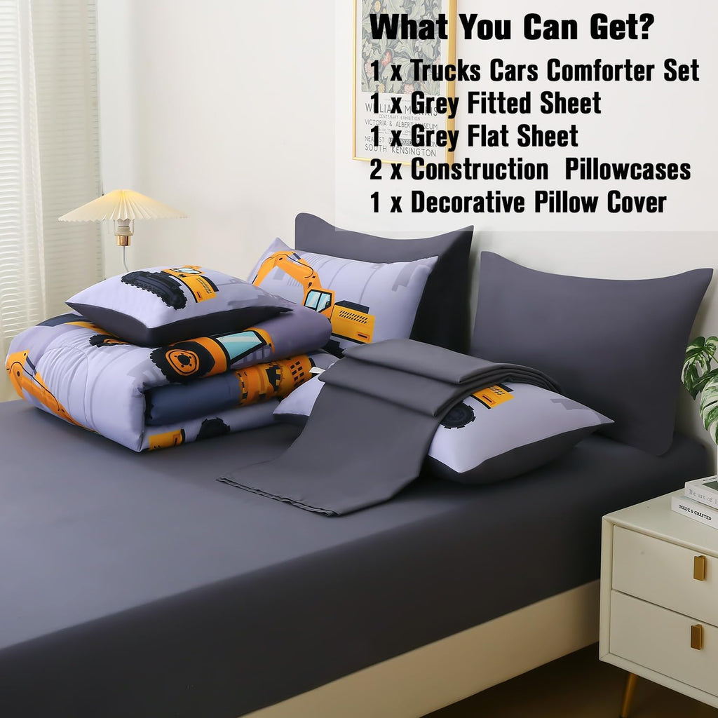 Construction Twin Bedding Sets for Boys Kids,6 Piece Bed in A Bag 3D Cartoon Car Excavator Tractor Comforter Set with