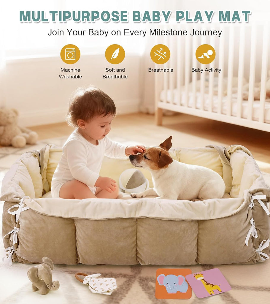 In-1 Baby Play Gym and Tummy Time Mat, 12 Learning Cards, Plush Activity Mat with 6 Toys, Baby Gym, Convertible to