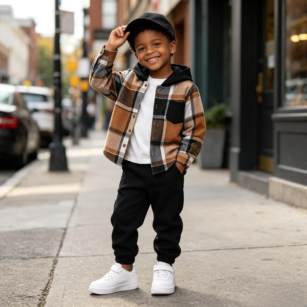 Toddler Boys Clothes 2PCS Flannel Plaid Hoodie & Pants Set