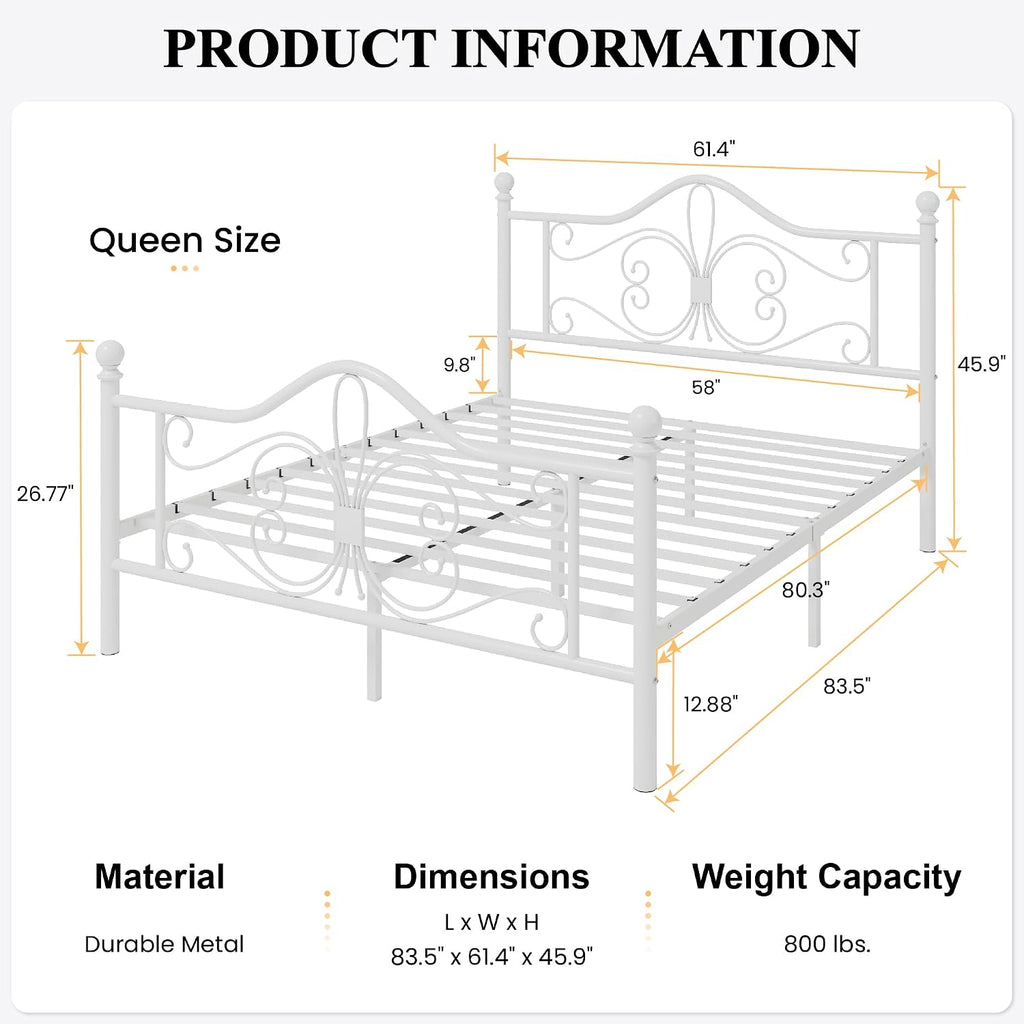 Queen Metal Bed Frame with Butterfly Headboard & Footboard, No Box Spring Needed