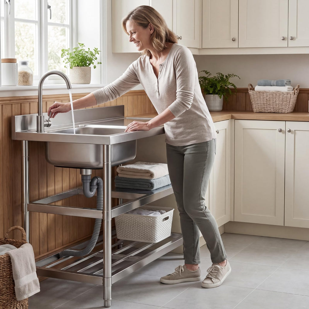 Free Standing Stainless-Steel Single Bowl Commercial Kitchen Sink w/Faucet