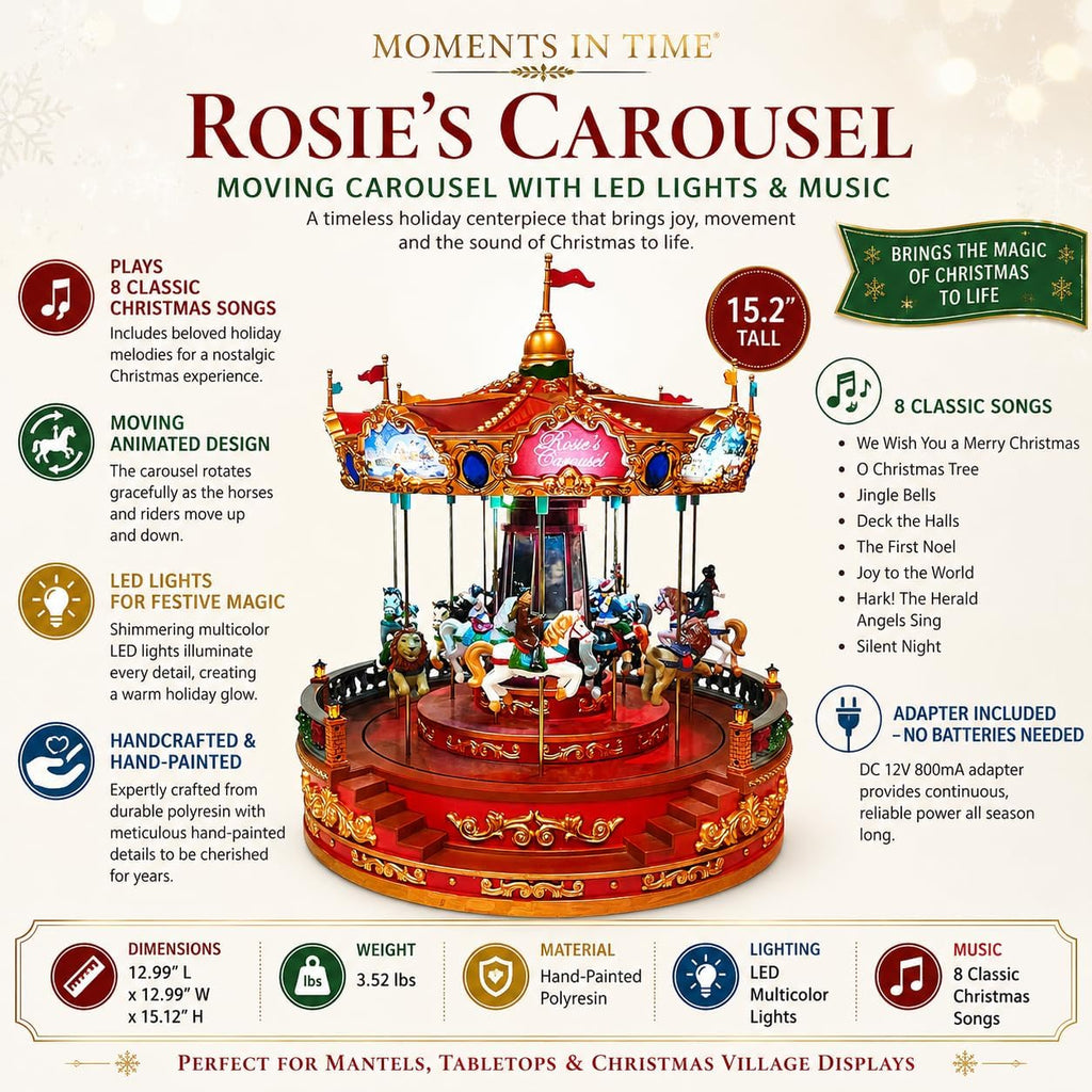 Animated Rosie's Carousel (Moving Carousel) 15.2"H LED Lights 8 Classic Carols Christmas Music, Adapter Included