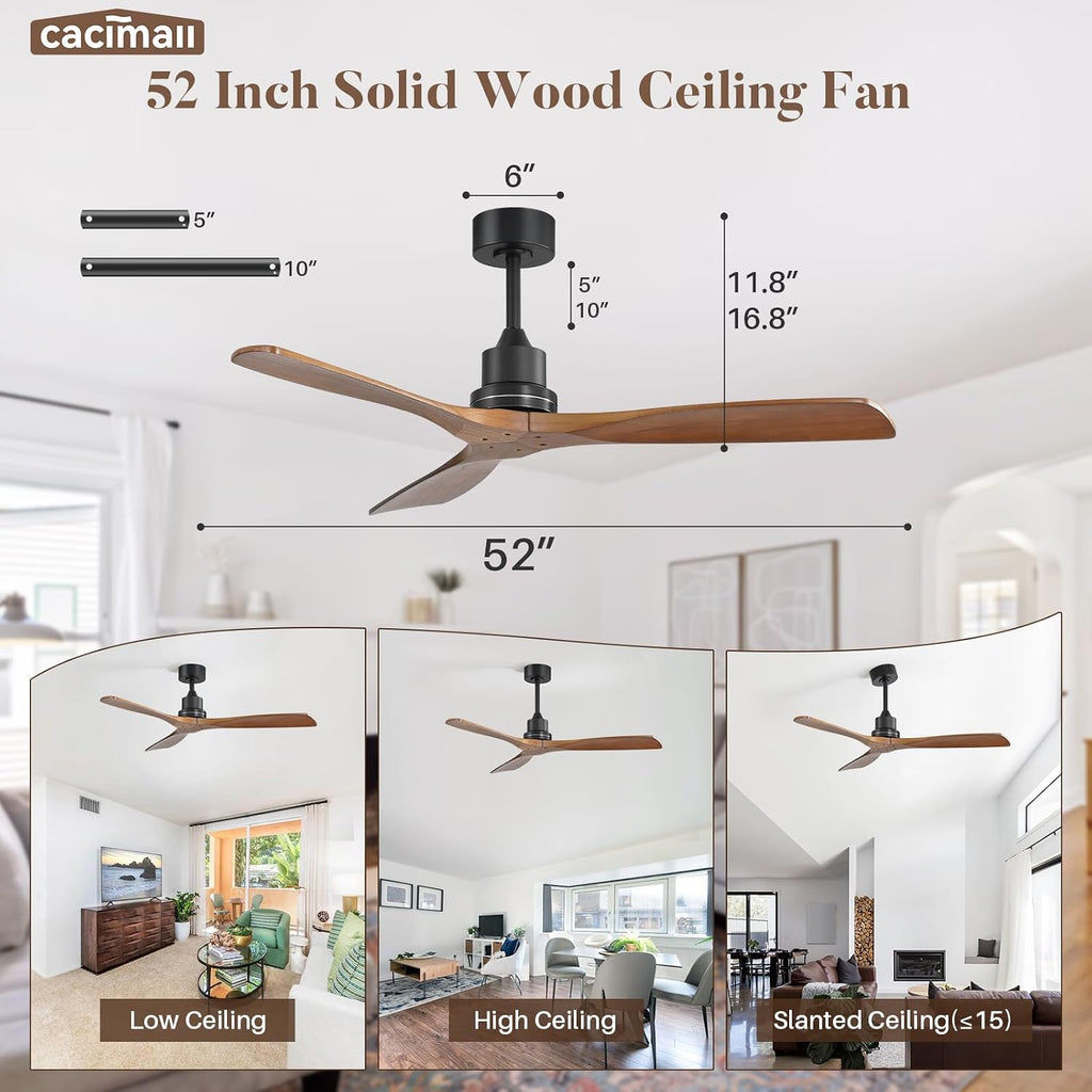 Wood Ceiling Fan no Light, Walnut, 52" Ceiling Fan Without Light, Flush Mount, Modern Solid Wood 3 Blade Ceiling Fans