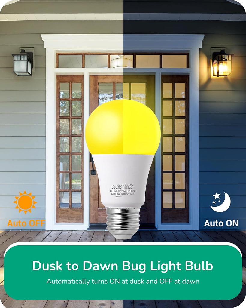 2000K LED Yellow Bug Bulbs, Dusk to Dawn Auto On/Off, 9W, 4-Pack