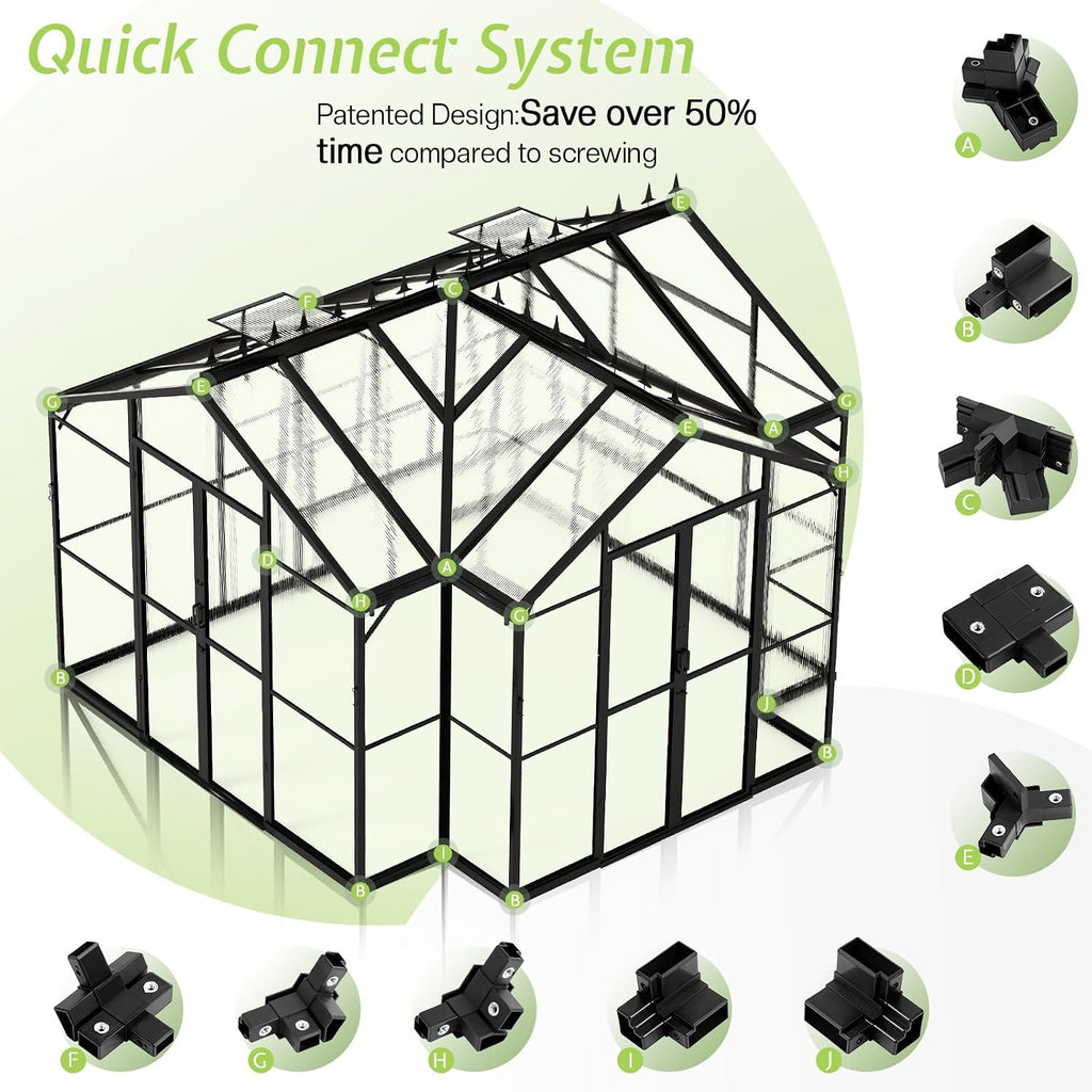12 x 10 x 8-Ft Hybrid Polycarbonate Greenhouse | Quick-Connect Aluminum Frame, Dual Roof Vents, Double Doors