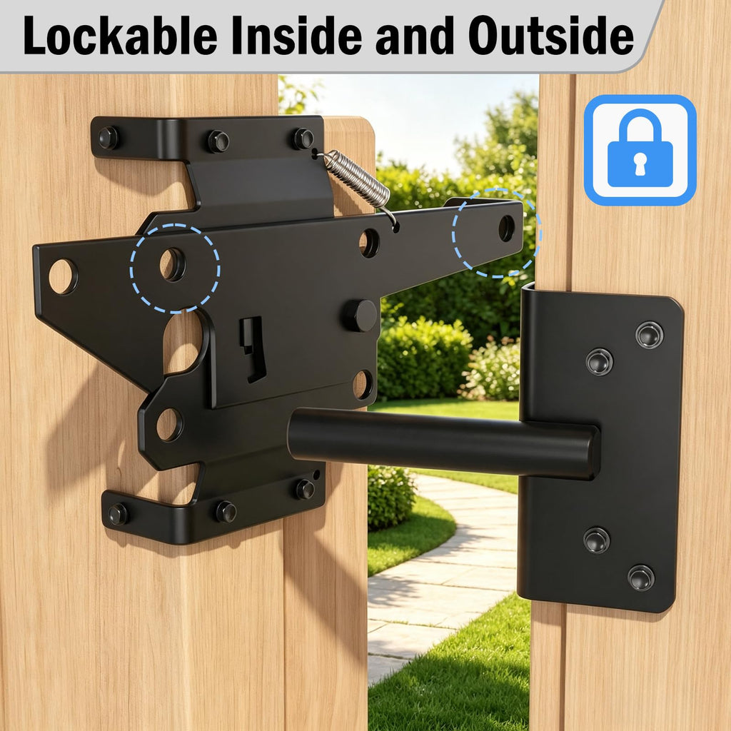 Adjustable Self-Closing Gate Hinges and Self-Locking Gate Latch Hardware Kit, Heavy Duty Black Gate Hardware for