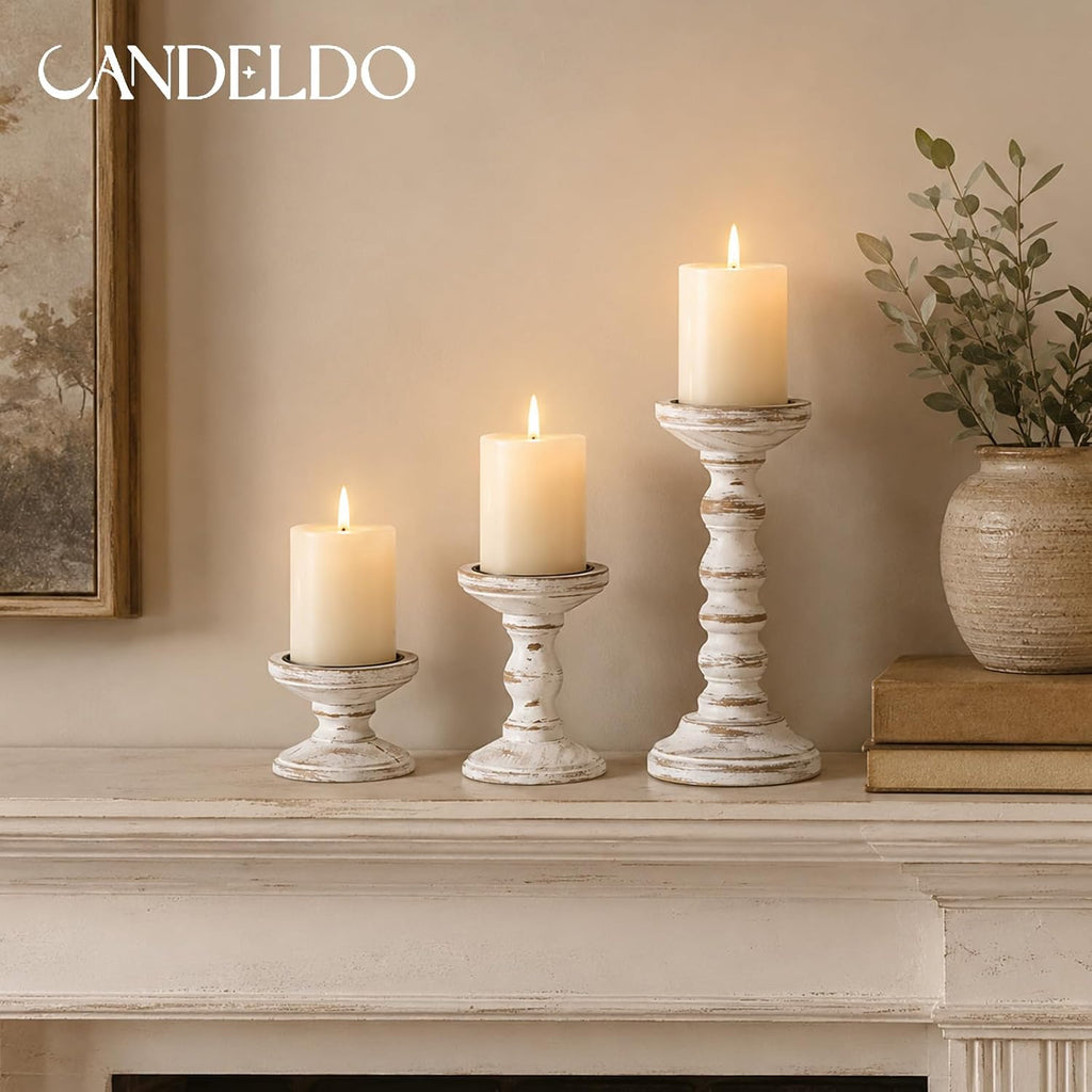 Wood Candle Holder for Pillar, White Farmhouse Fireplace Decor | Set of 3, Table Centerpiece, Tall Shabby Chic Decor