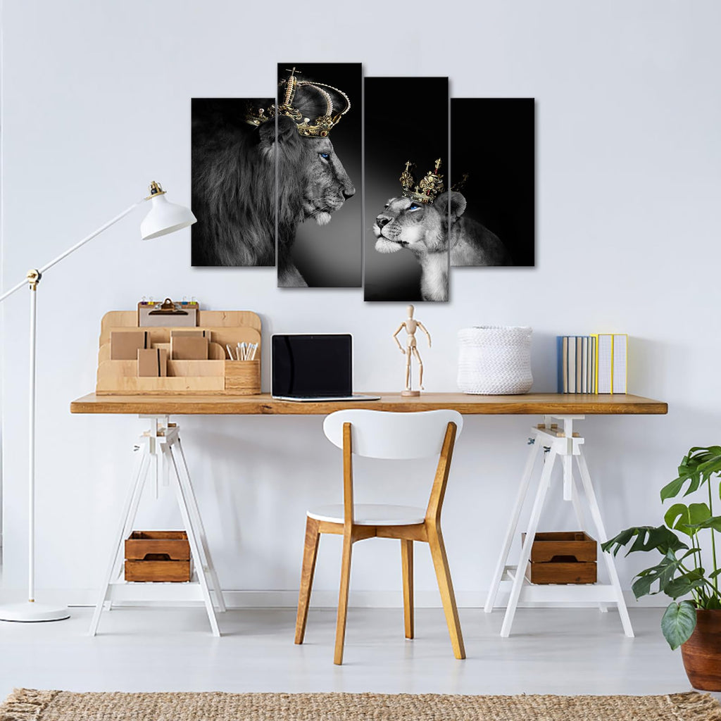 Large 4 Panel Wall Decor The Lion King and Queen with Crown Wall Art African Wild Animals Canvas Prints Pictures