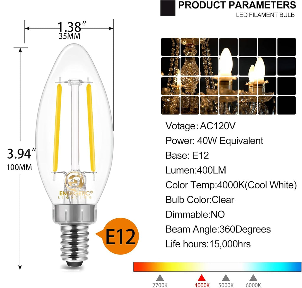 Energetic E12 LED Classic Candelabra Clear Light Bulb, 4W, Equivalent 40W, 400 Lumens, Cool White 4000K, Filament