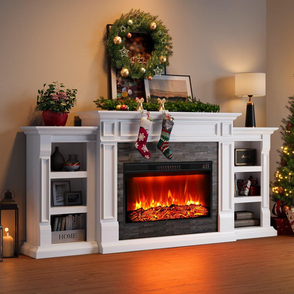 80" Electric Fireplace with Mantel and Cabinets, Fireplace TV Stand for Living Room Bedroom, 30in Realistic Flame