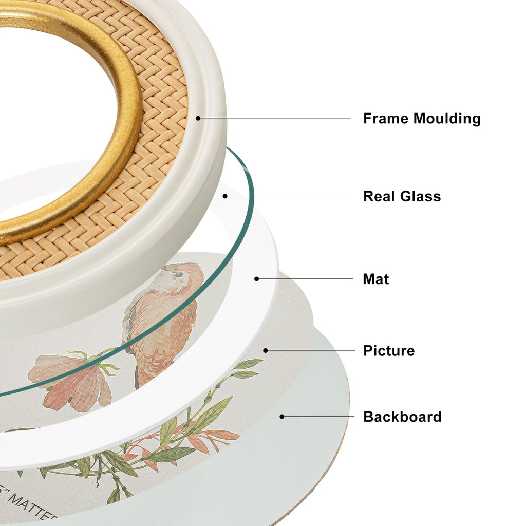 5x5 White & Glod Round Picture Frame with Rattan Trim, Solid Wood with Real Glass, Matted to 4x4, Display Photos