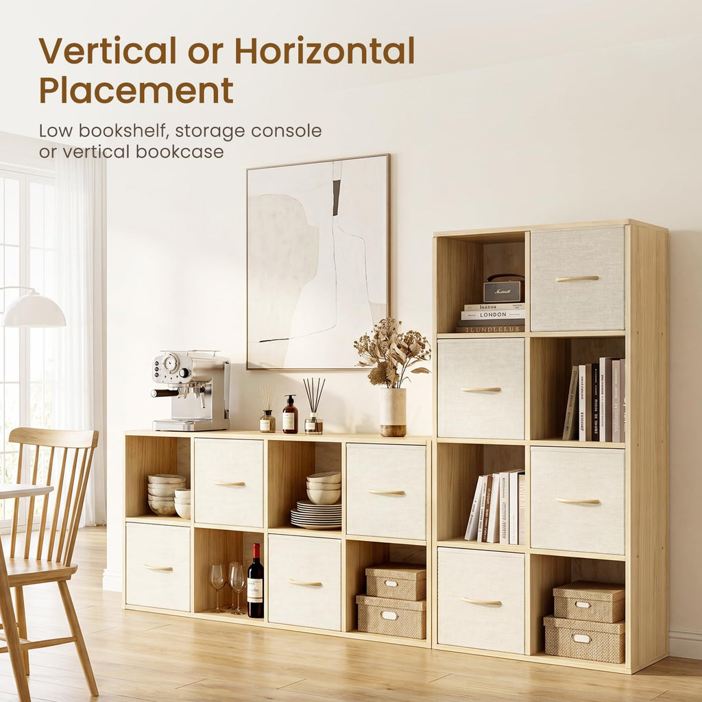 8 Cube Storage Organizer - Solid Wood Bookshelf with 4 Storage Bins, Cube Shelf with 2 Removable Back Panels